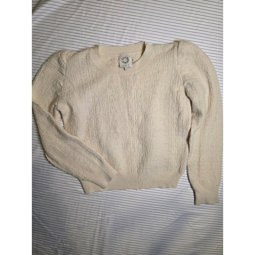 1352 Lili Sidonio Cream Textured Puff Shoulder Crewneck Sweater L LAL178AN